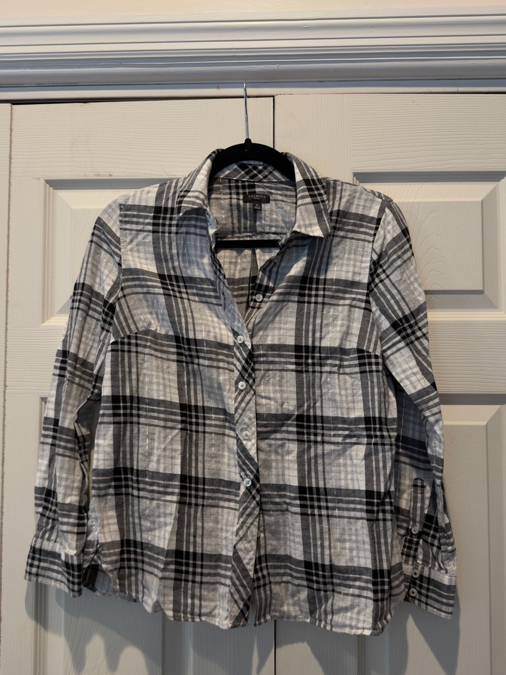 Talbots Black and White Plaid Button Up Lightweight Shirt